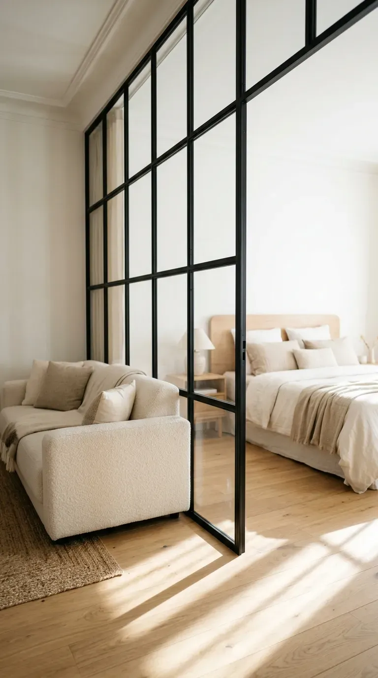12 Genius One Bedroom Apartment Ideas That Maximize Space 2 black steel frame glass Crittall partition separating apartment living room and bedroom