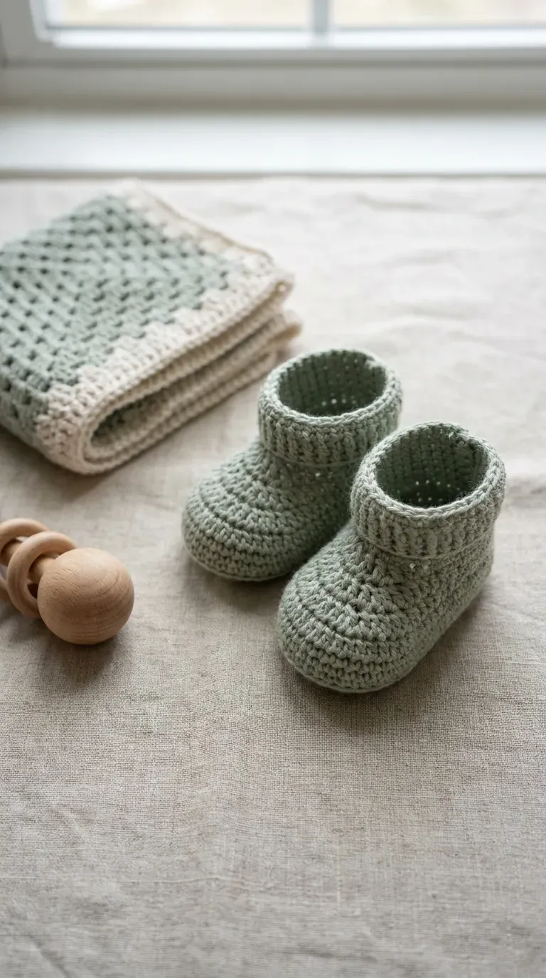 pair of crochet baby booties beside a small folded baby blanket