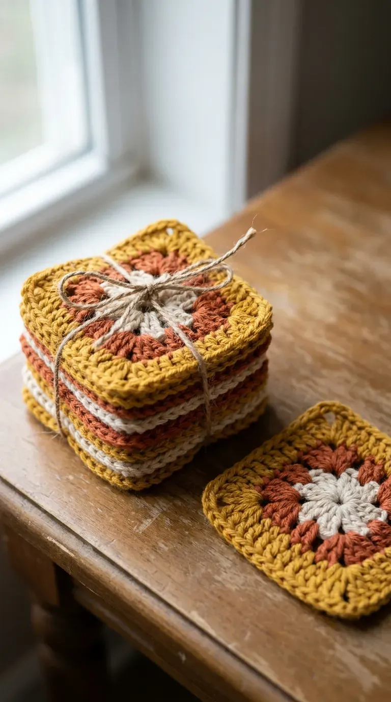 stack of colorful granny square crochet coasters tied with twine