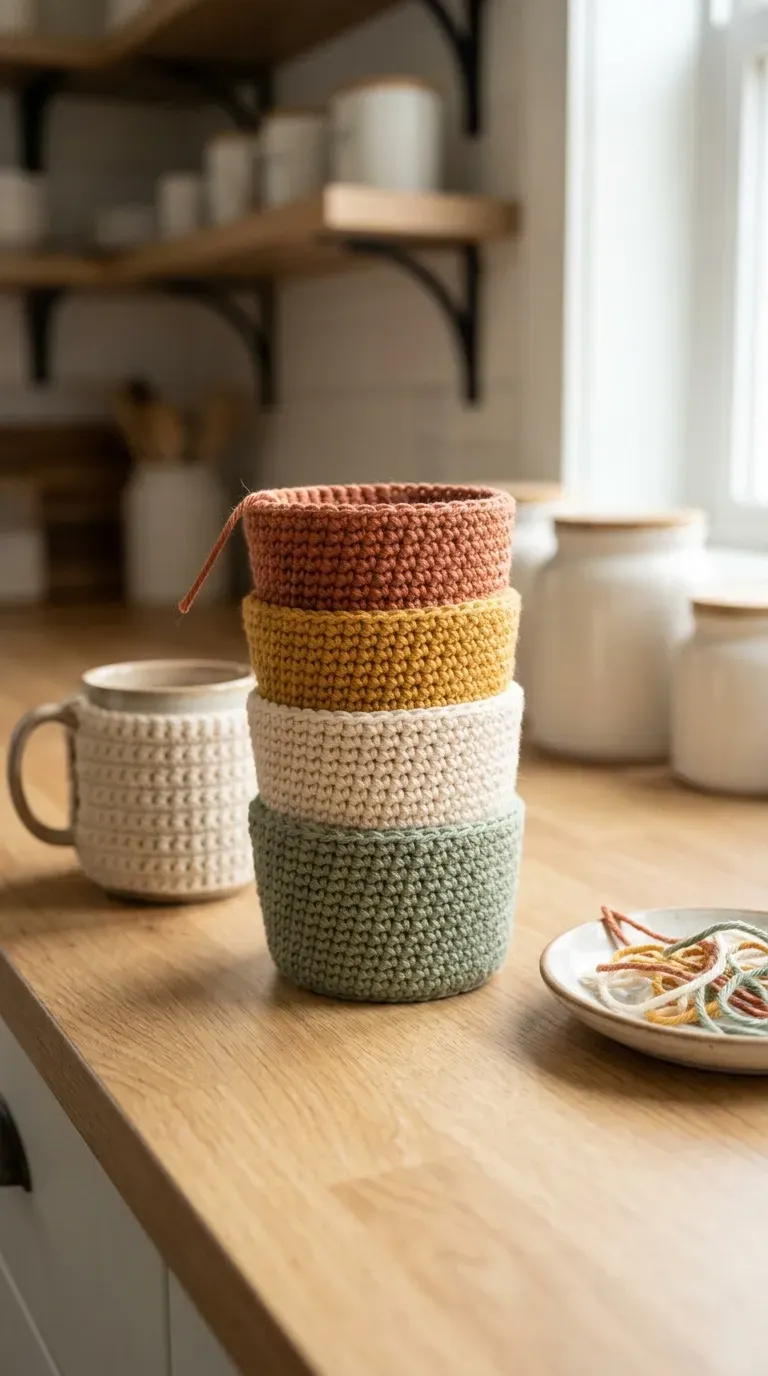 set of four crochet mug cozies in warm tones stacked on a kitchen counter