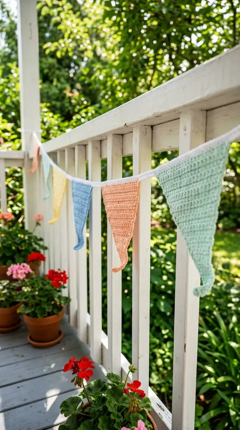 colorful crochet triangle pennant banner hanging along a white wooden porch railing