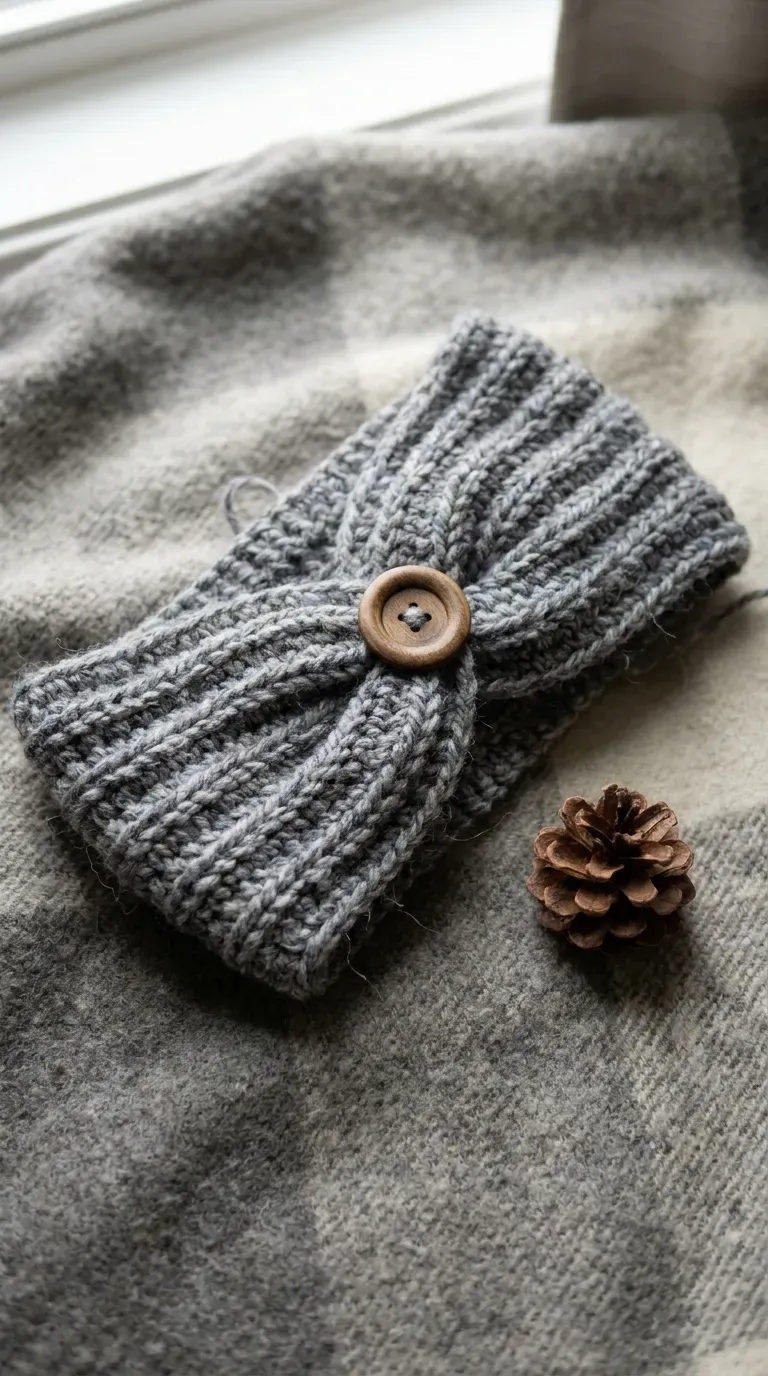 ribbed crochet ear warmer headband with a wooden button laid flat