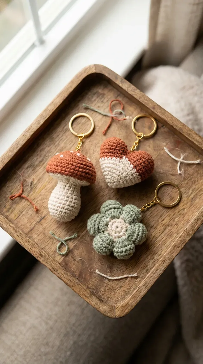 three small crochet charm keychains in mushroom and heart shapes