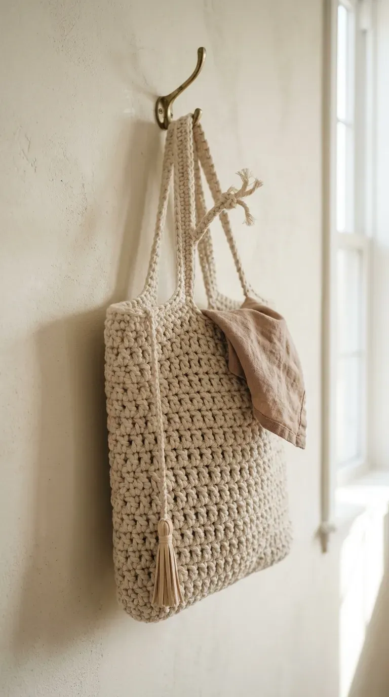 handmade crochet market tote bag hanging on a wall hook