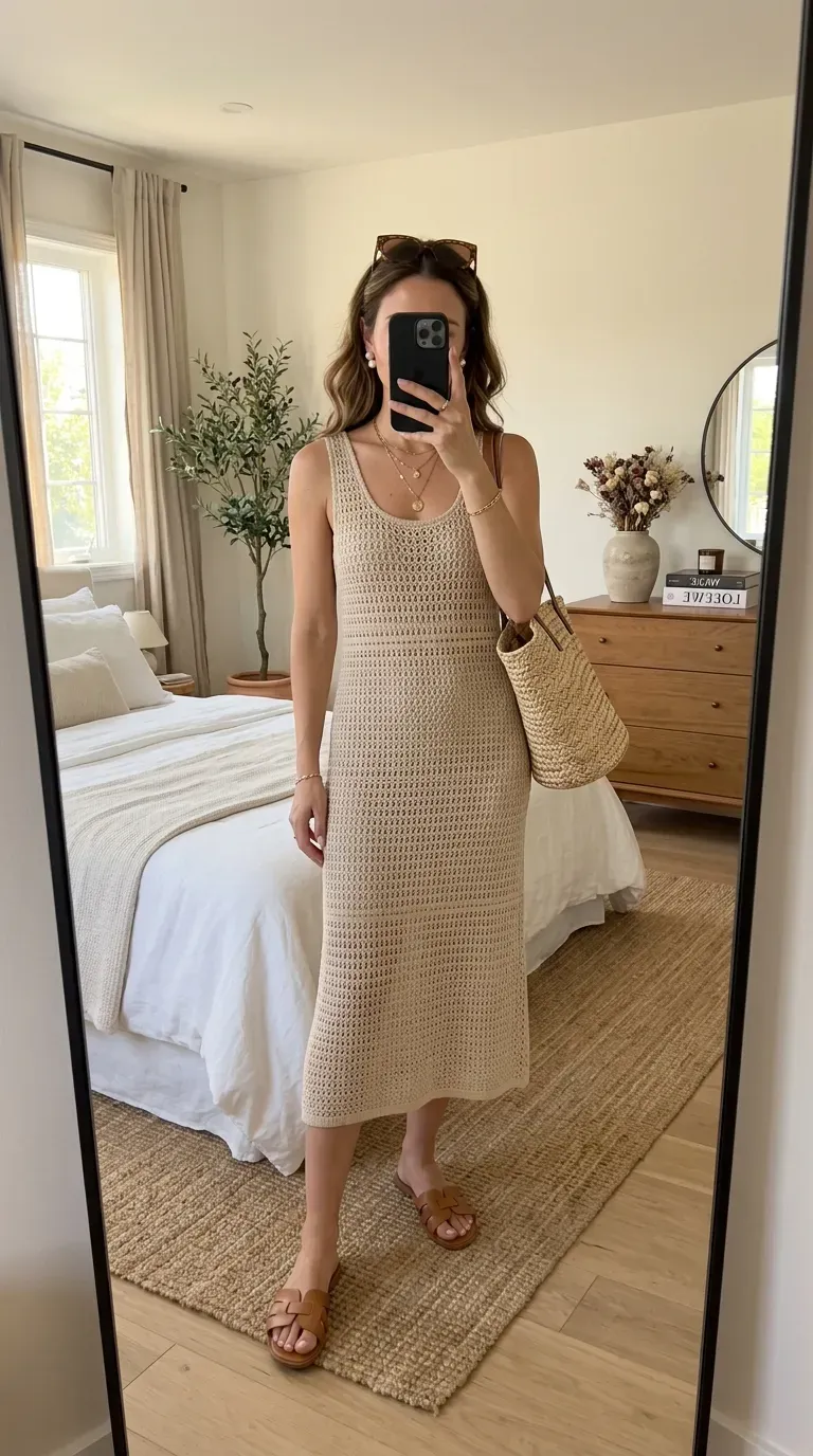 Crochet Outfit Ideas: 7 Chic Looks You'll Want to Wear All Season 3 Woman wearing a beige crochet midi dress with flat sandals for an elegant summer outfit.
