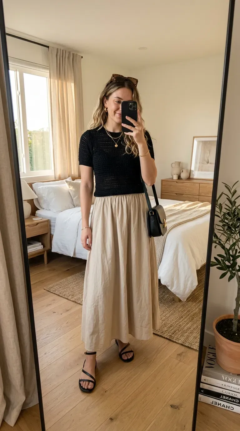 Crochet Outfit Ideas: 7 Chic Looks You'll Want to Wear All Season 6 Woman wearing a black crochet top with a beige maxi skirt for a sophisticated summer outfit.