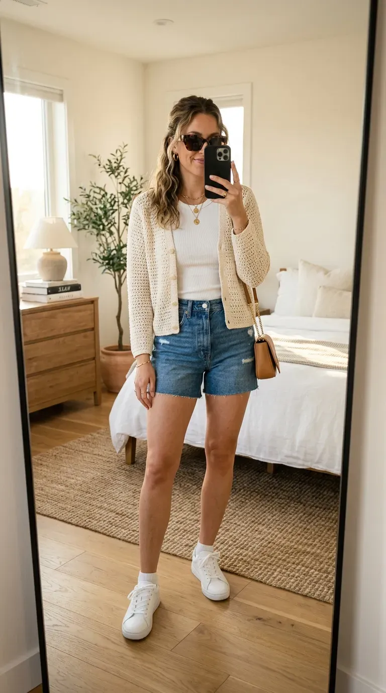 Crochet Outfit Ideas: 7 Chic Looks You'll Want to Wear All Season 5 Woman wearing a crochet cardigan with denim shorts for a casual summer outfit.