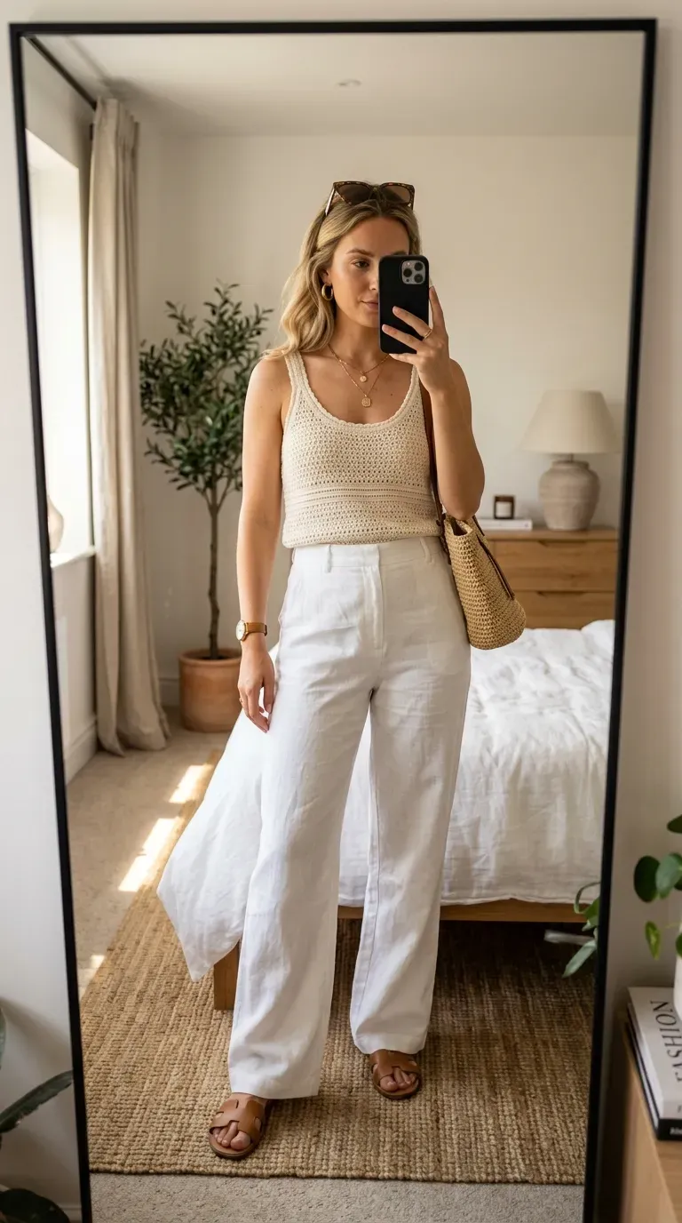 Crochet Outfit Ideas: 7 Chic Looks You'll Want to Wear All Season 4 Woman wearing a crochet tank top with white linen trousers for a chic summer outfit.