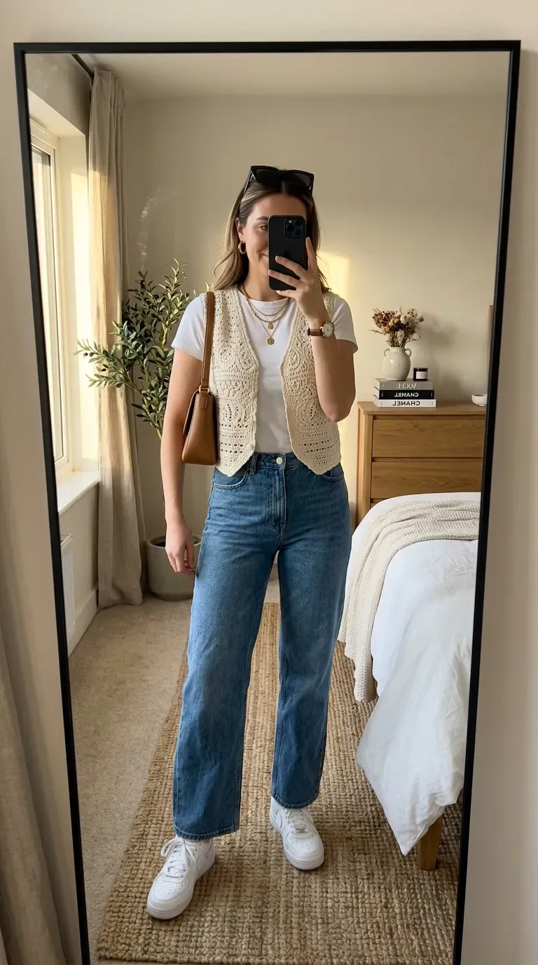 Crochet Outfit Ideas: 7 Chic Looks You'll Want to Wear All Season 7 Woman wearing a crochet vest with wide-leg jeans for a trendy casual outfit.