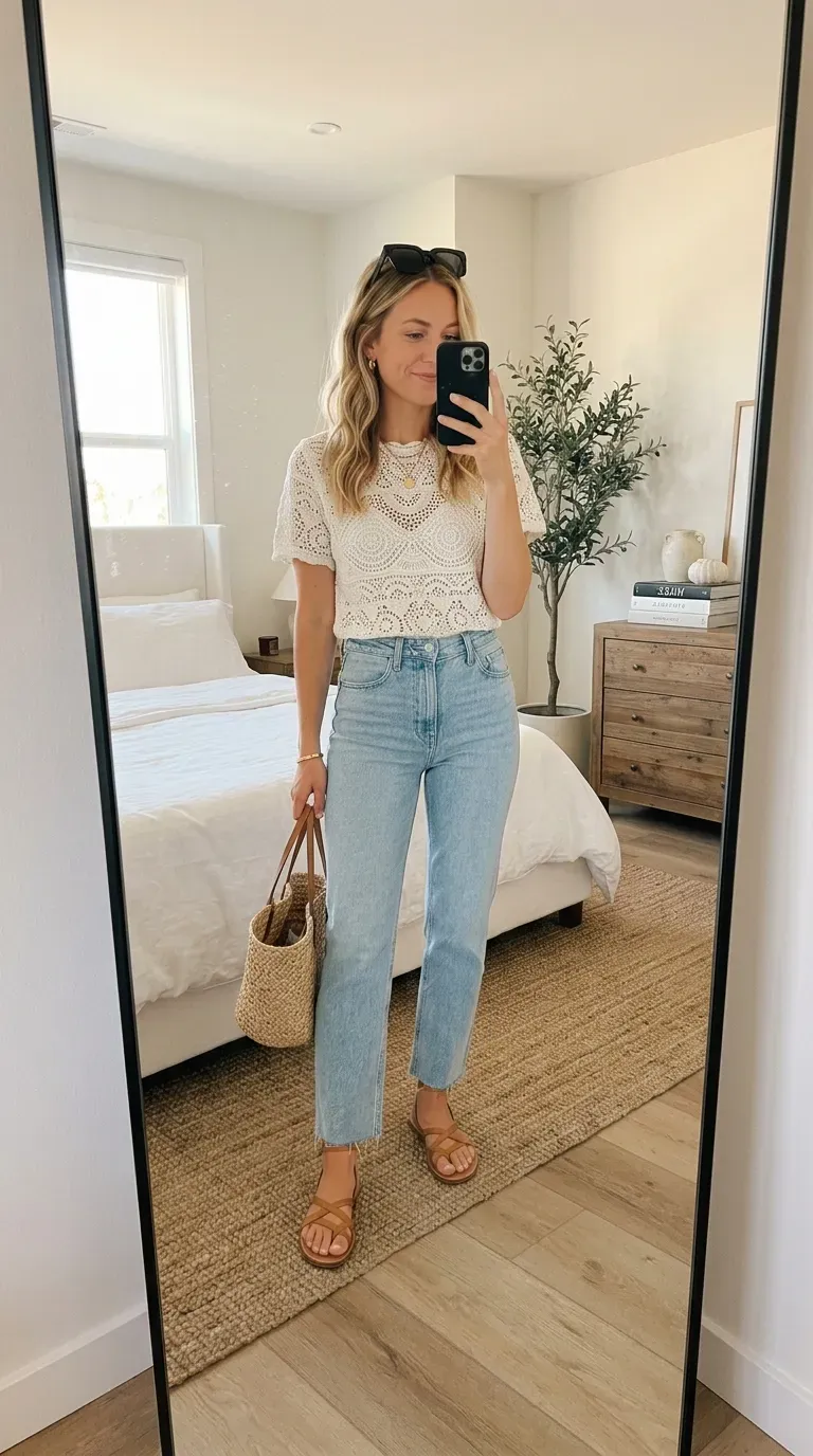 Crochet Outfit Ideas: 7 Chic Looks You'll Want to Wear All Season 2 Woman wearing a white crochet top with light wash jeans for a chic casual summer outfit.