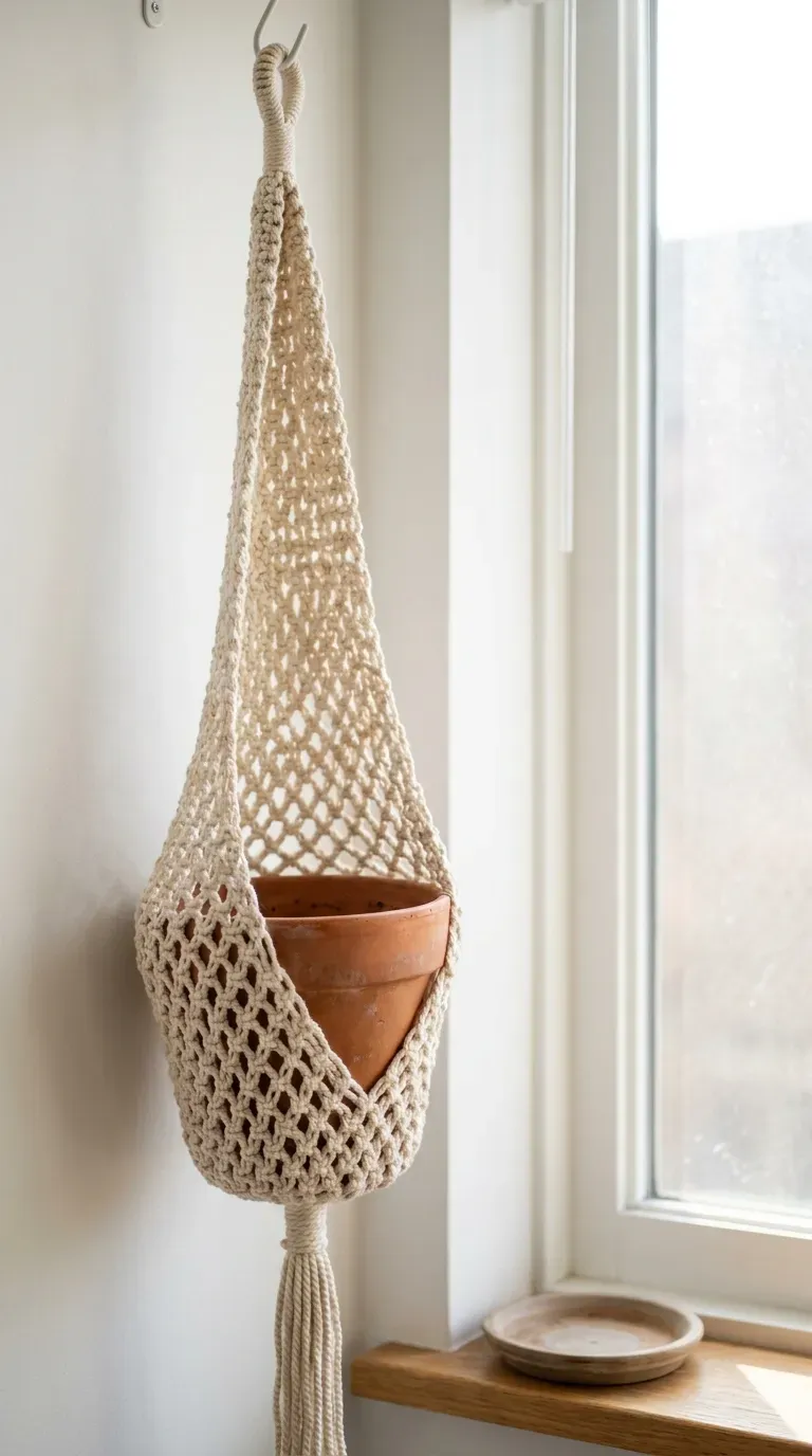 handmade crochet plant hanger with a terracotta pot near a sunny window