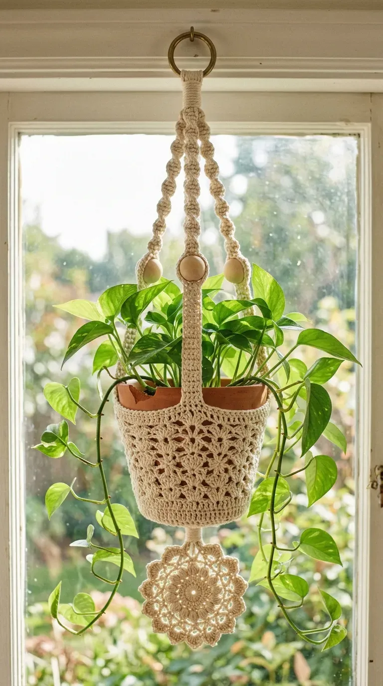 unbleached cotton crochet plant hanger holding a terracotta pot in a sunlit window