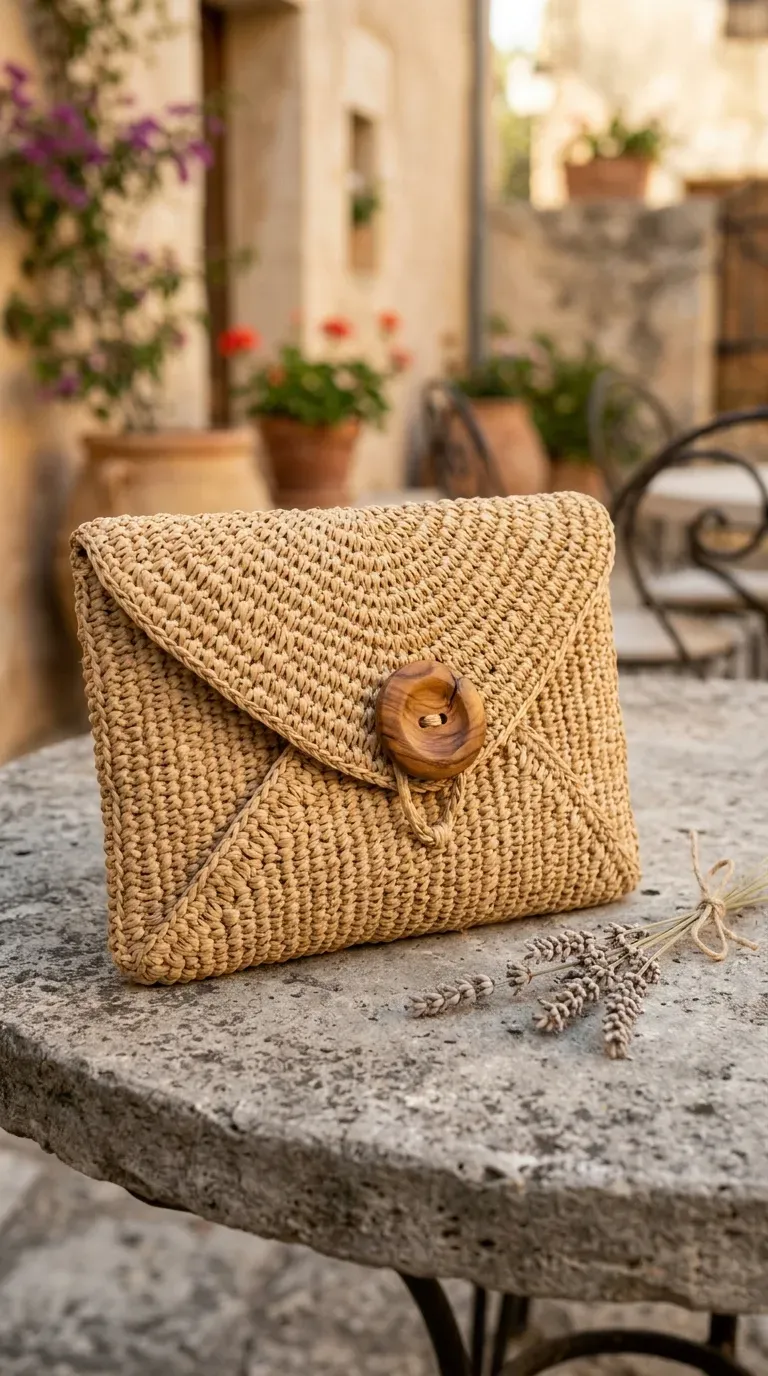 handmade raffia crochet envelope clutch purse styled on a stone garden table