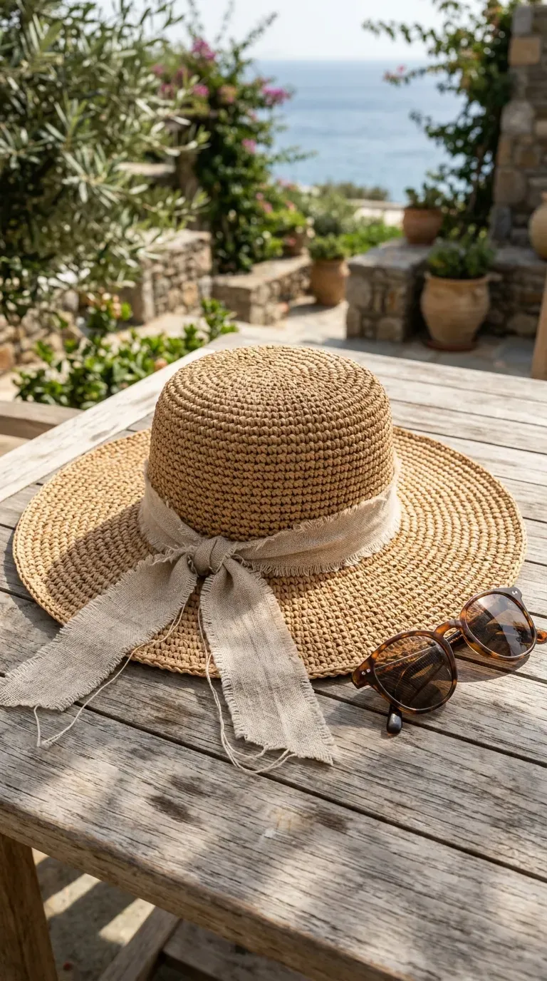 wide brim handmade raffia crochet sun hat resting on an outdoor wooden table