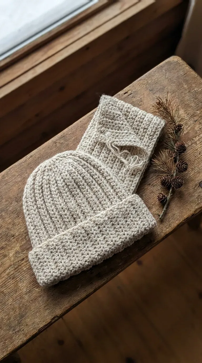 matching crochet beanie and infinity scarf set in oatmeal wool yarn