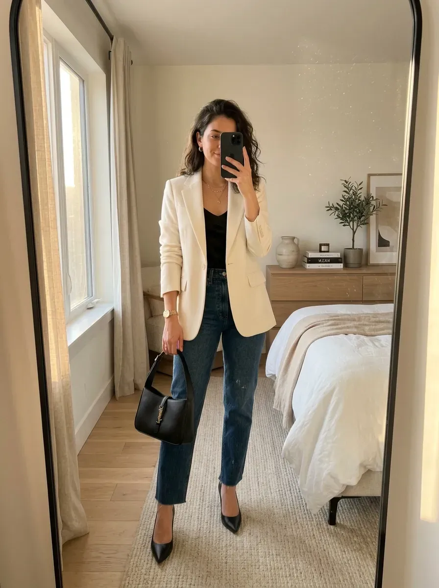 What to Wear on a Cruise: 11 Stylish Outfit Ideas for Every Occasion 12 Woman wearing a blazer with dark jeans for a polished casual cruise evening outfit.