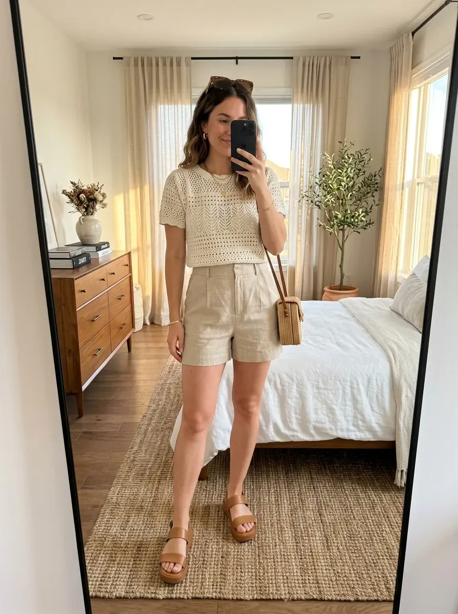 What to Wear on a Cruise: 11 Stylish Outfit Ideas for Every Occasion 5 Woman wearing a crochet top with linen shorts for a stylish relaxed cruise outfit.