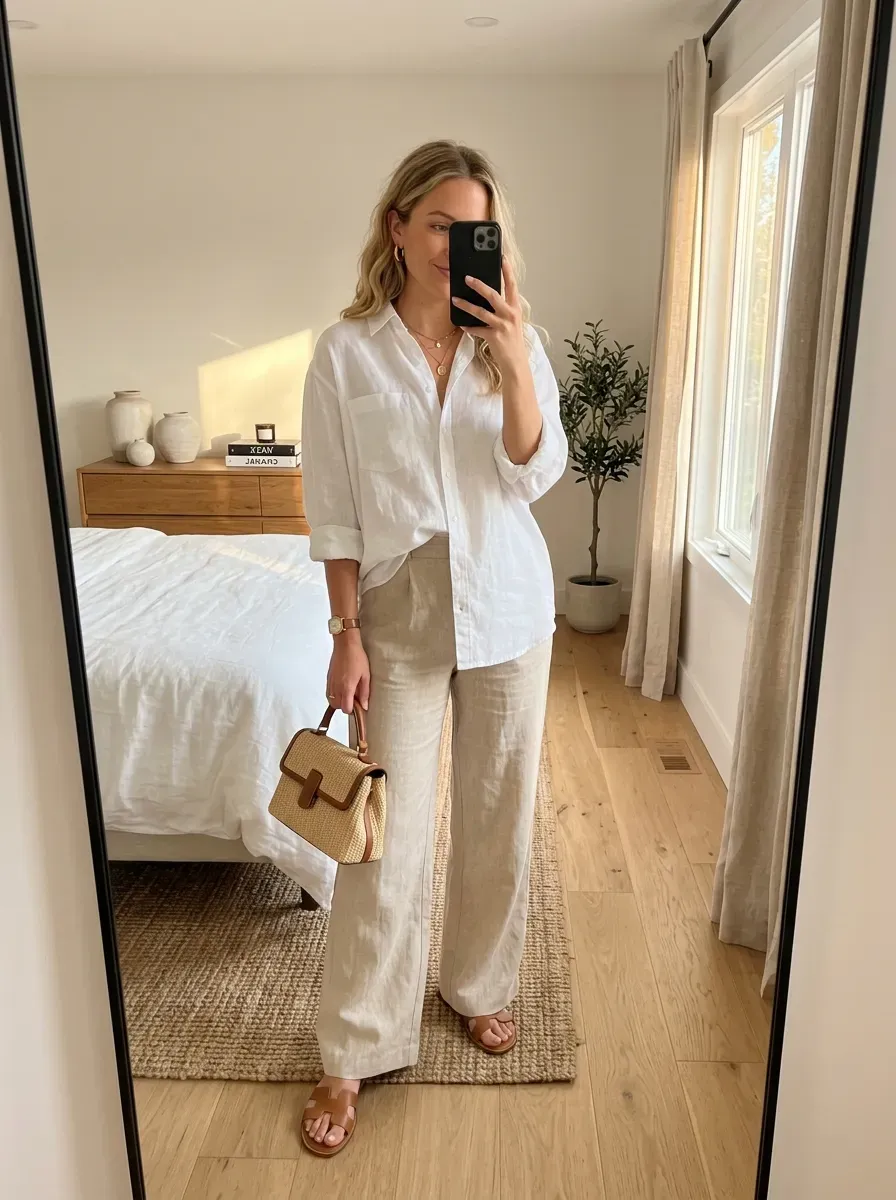 What to Wear on a Cruise: 11 Stylish Outfit Ideas for Every Occasion 2 Woman wearing a white linen shirt with wide-leg pants for an elegant cruise outfit.