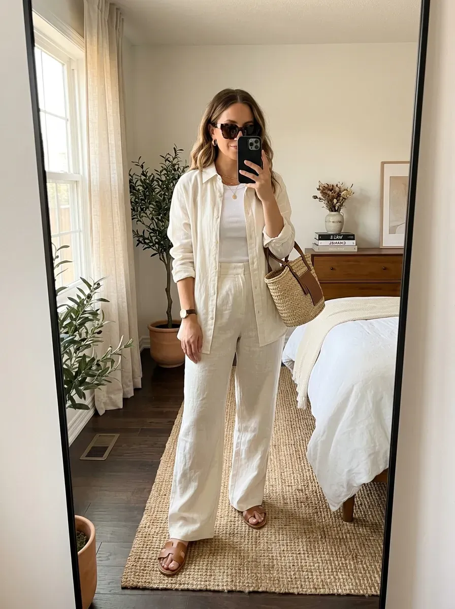 What to Wear on a Cruise: 11 Stylish Outfit Ideas for Every Occasion 7 Woman wearing a matching linen shirt and pants set for an effortless cruise vacation look.