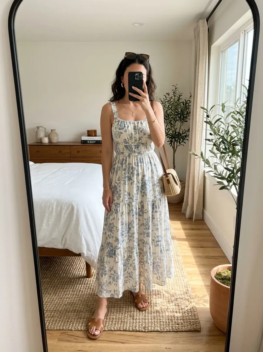 What to Wear on a Cruise: 11 Stylish Outfit Ideas for Every Occasion 3 Woman wearing a flowing maxi dress with flat sandals for a relaxed cruise vacation outfit.