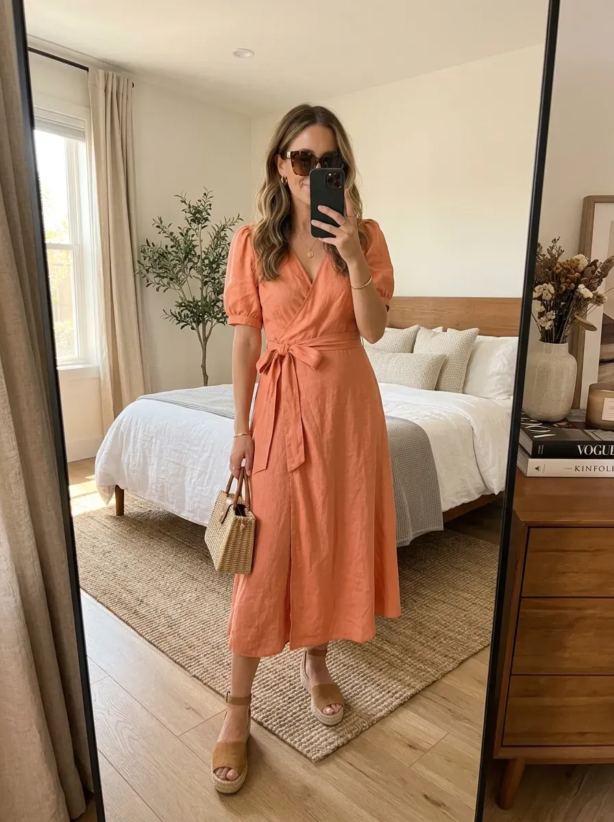 What to Wear on a Cruise: 11 Stylish Outfit Ideas for Every Occasion 6 Woman wearing a midi dress with espadrille wedges for an elegant cruise vacation outfit.