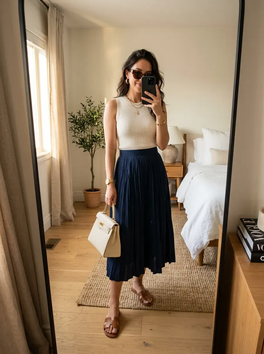 What to Wear on a Cruise: 11 Stylish Outfit Ideas for Every Occasion 8 Woman wearing a pleated midi skirt with a fitted top for a chic cruise outfit.