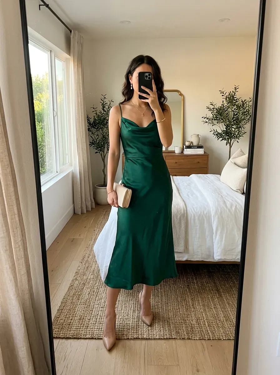 What to Wear on a Cruise: 11 Stylish Outfit Ideas for Every Occasion 11 Woman wearing a satin midi dress with heels for an elegant cruise dinner outfit.