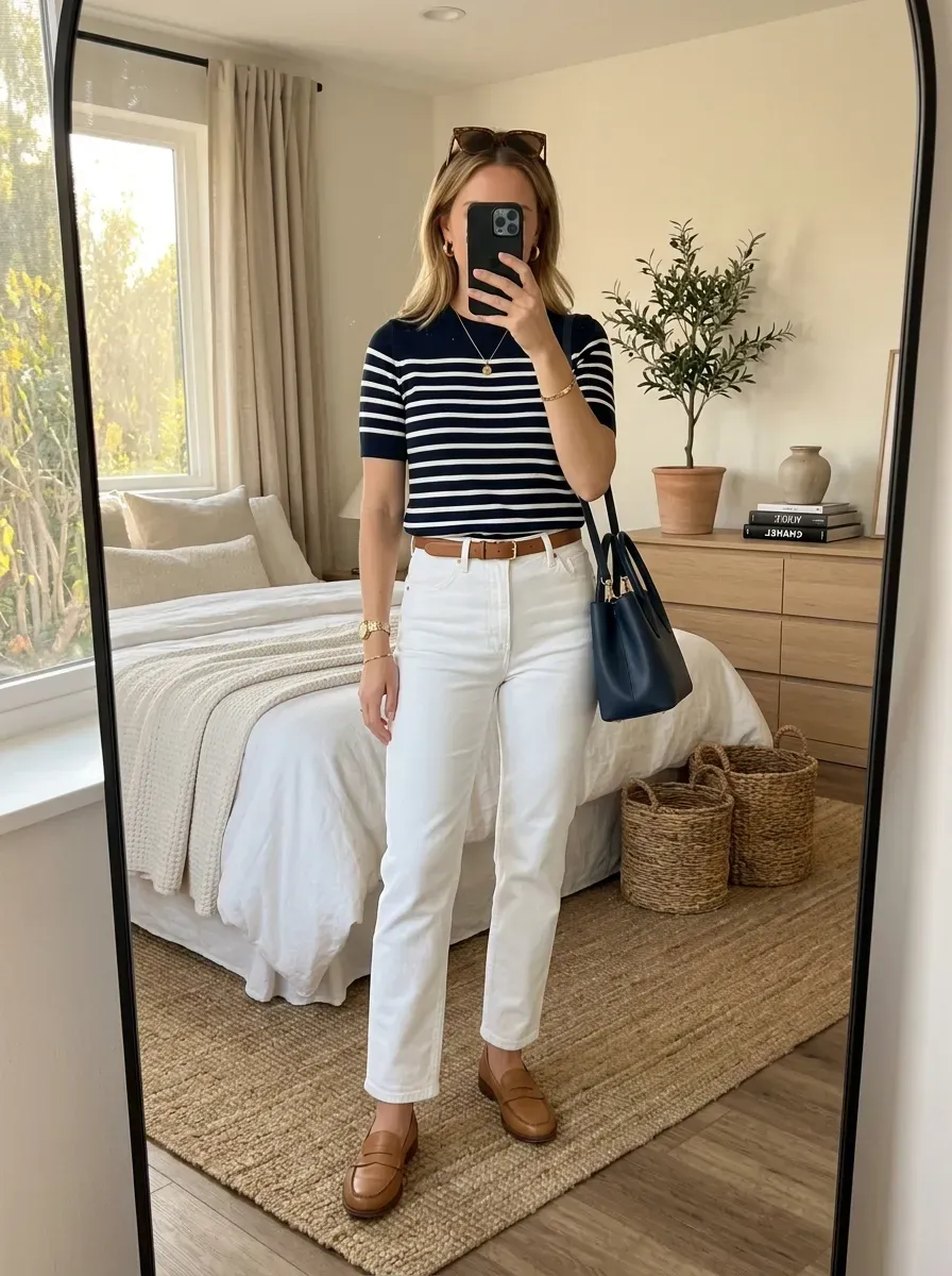 What to Wear on a Cruise: 11 Stylish Outfit Ideas for Every Occasion 4 Woman wearing a striped top with white jeans for a classic nautical cruise outfit.