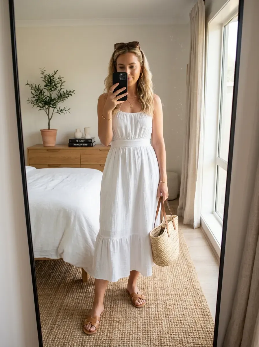 What to Wear on a Cruise: 11 Stylish Outfit Ideas for Every Occasion 10 Woman wearing a white sundress with woven accessories for a fresh cruise vacation outfit.