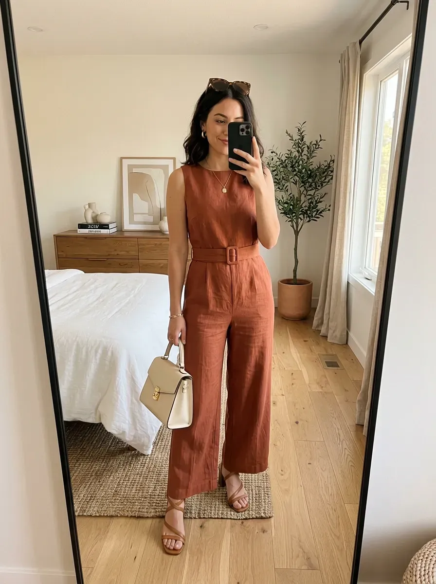 What to Wear on a Cruise: 11 Stylish Outfit Ideas for Every Occasion 9 Woman wearing a wide-leg jumpsuit with sandals for a sophisticated cruise vacation look.