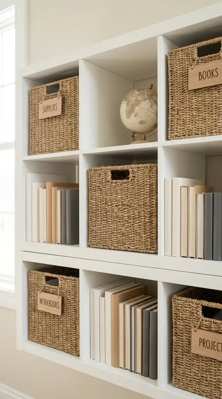 13 Genius Homeschool Room Ideas You Will Want to Copy ASAP 7 white eight cube storage bookcase with natural woven seagrass baskets and tags
