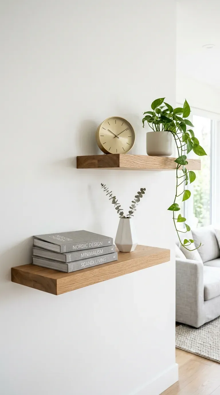 16 Genius Minimalist Living Room Ideas You Need to Try 11 Minimalist oak floating shelves styled with neutral pottery and books