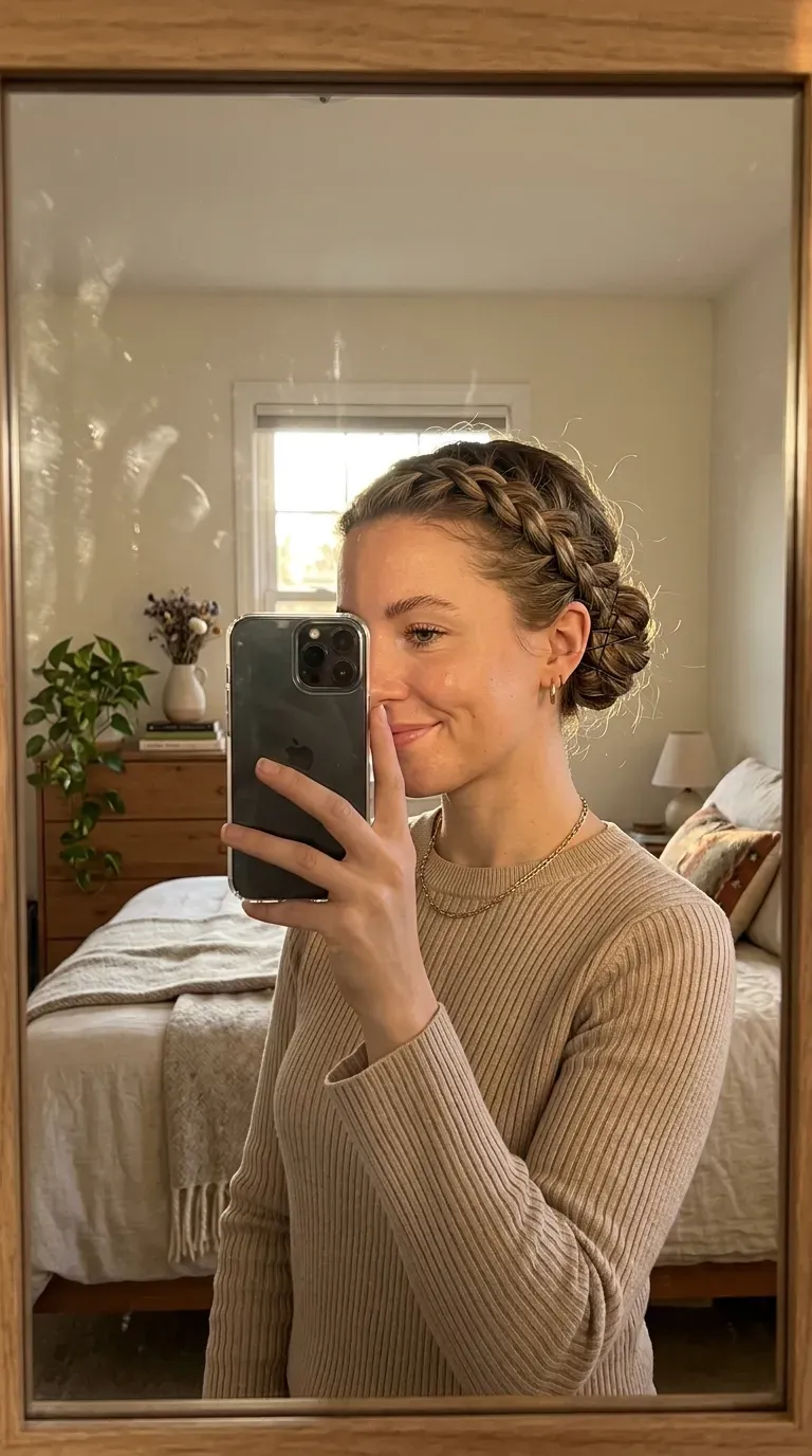 Woman taking an iPhone mirror selfie showing a curly short hair updo with natural volume and loose curls.