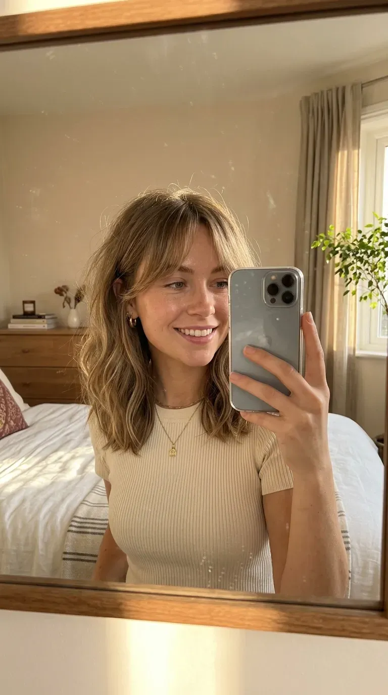 Woman taking an iPhone mirror selfie showing a long bob with airy curtain bangs and soft textured ends.