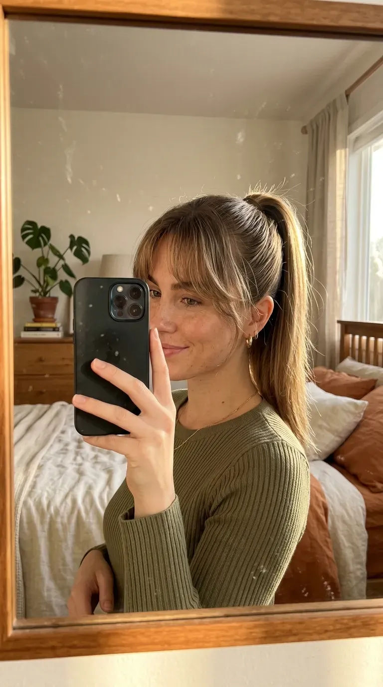 Woman taking an iPhone mirror selfie showing airy curtain bangs paired with a sleek high ponytail.