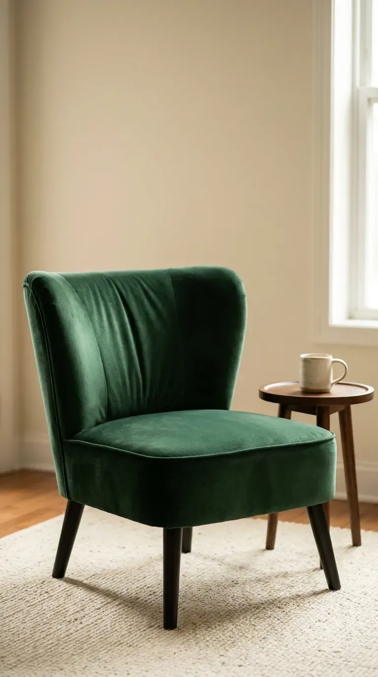 emerald green curved velvet accent chair in a neutral living room corner