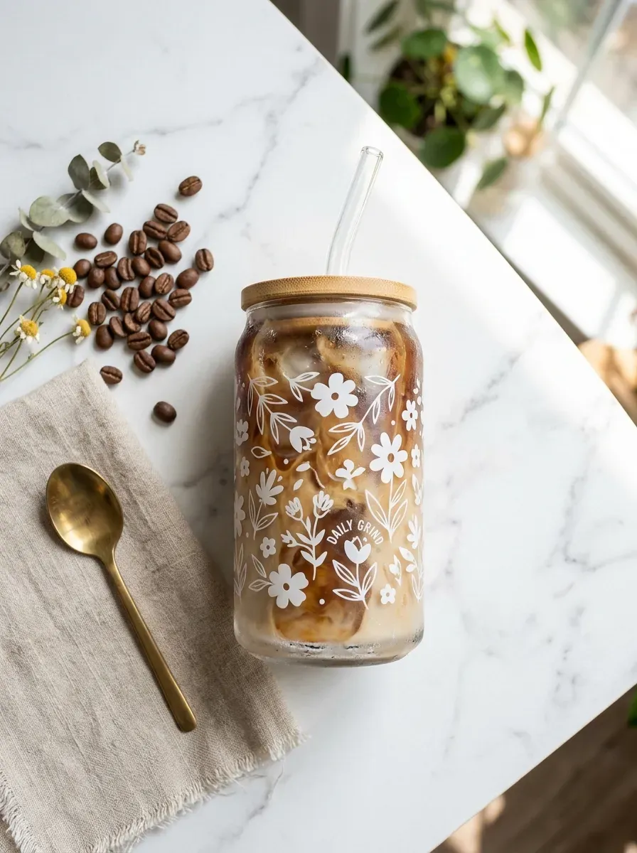 15 Genius Cricut Summer Projects You Need to Try 14 Glass iced coffee cup with bamboo lid and floral vinyl