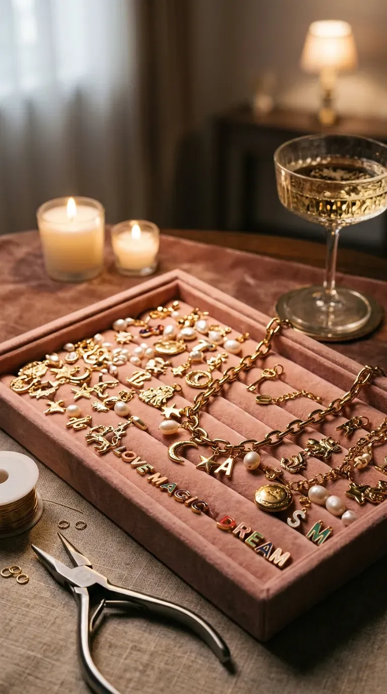 12 Aesthetic Craft Night Ideas for a Dreamy Evening 3 Gold jewelry chains and eclectic charms on a velvet tray
