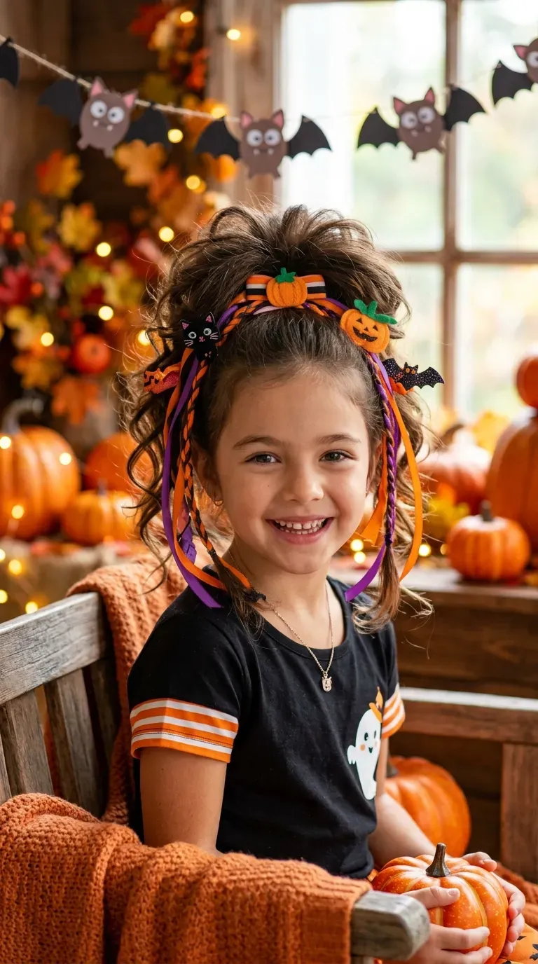 Halloween Hairstyles for Kids: 10 Cute and Spooky Ideas 9 Girl wearing high hair buns decorated with adorable bat-shaped Halloween clips.