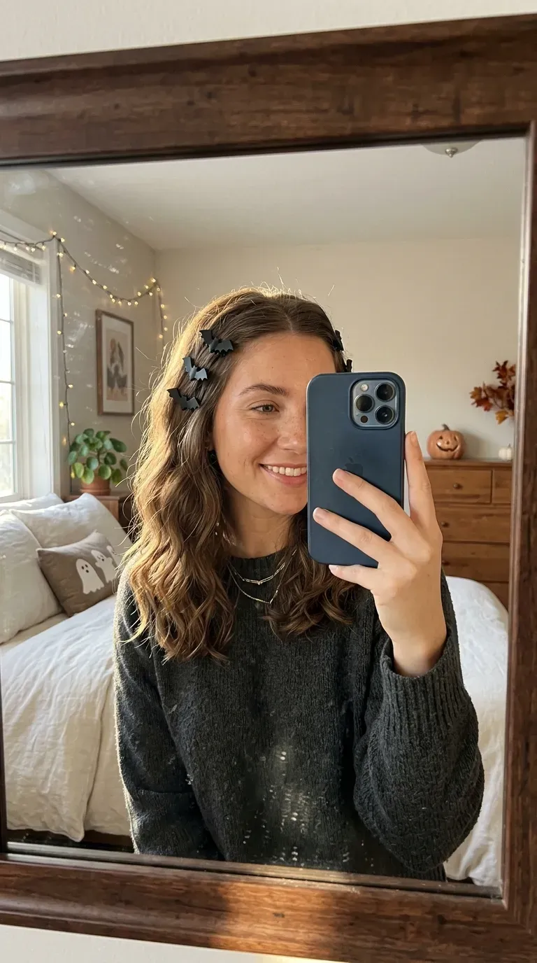 Woman taking an iPhone mirror selfie showing soft waves decorated with cute black bat Halloween hair clips.