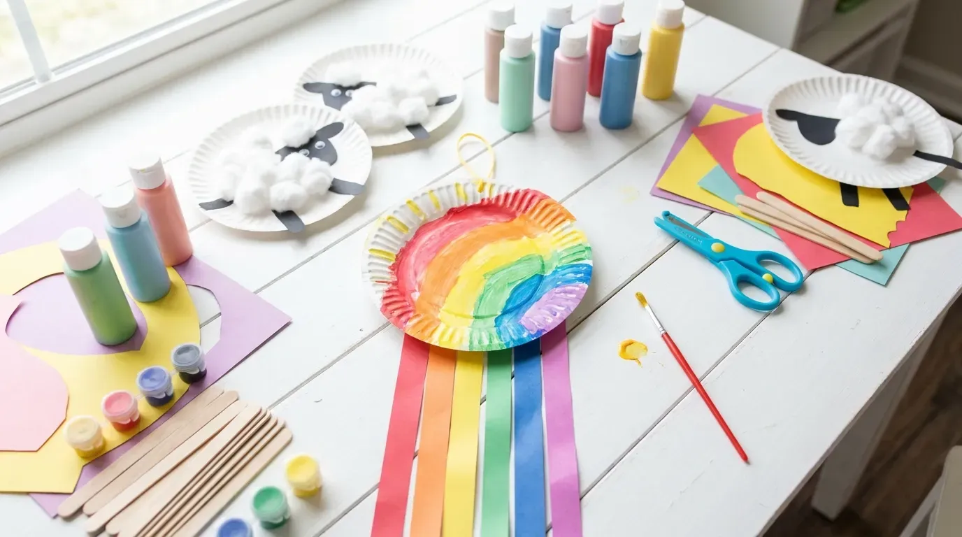 colorful handmade paper plate crafts arranged neatly across a white wooden craft table