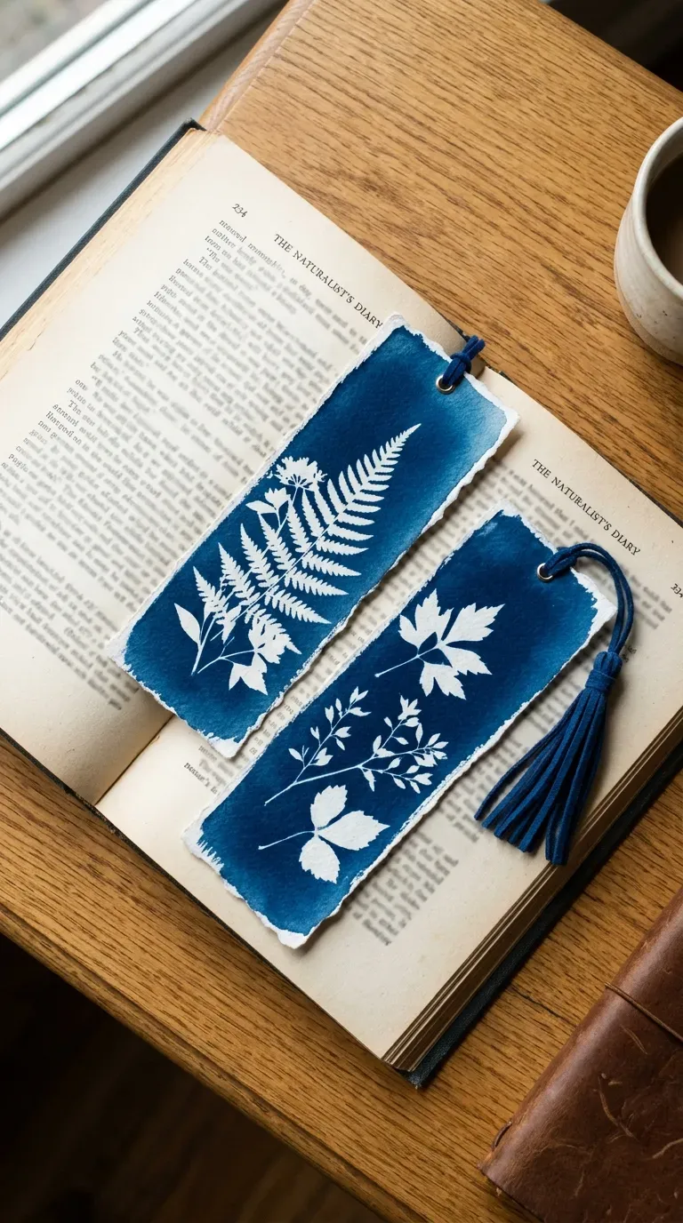 Prussian blue cyanotype sun print bookmarks with white floral silhouettes on a book