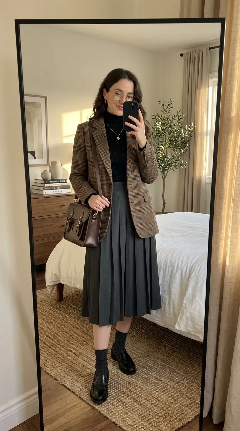 Woman wearing dark academia Halloween outfit with blazer skirt loafers and accessories.