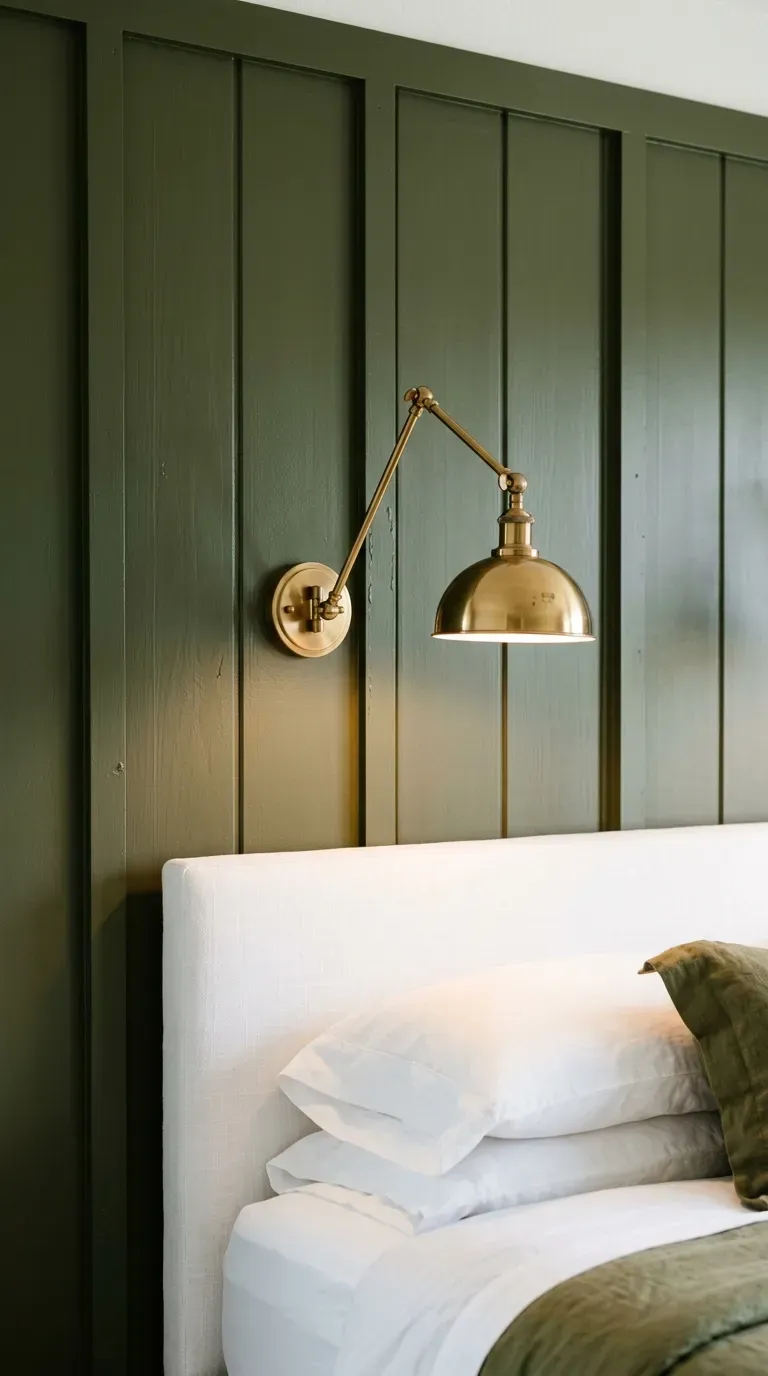 vertical dark forest olive green wall paneling with mounted brass sconces behind a bed