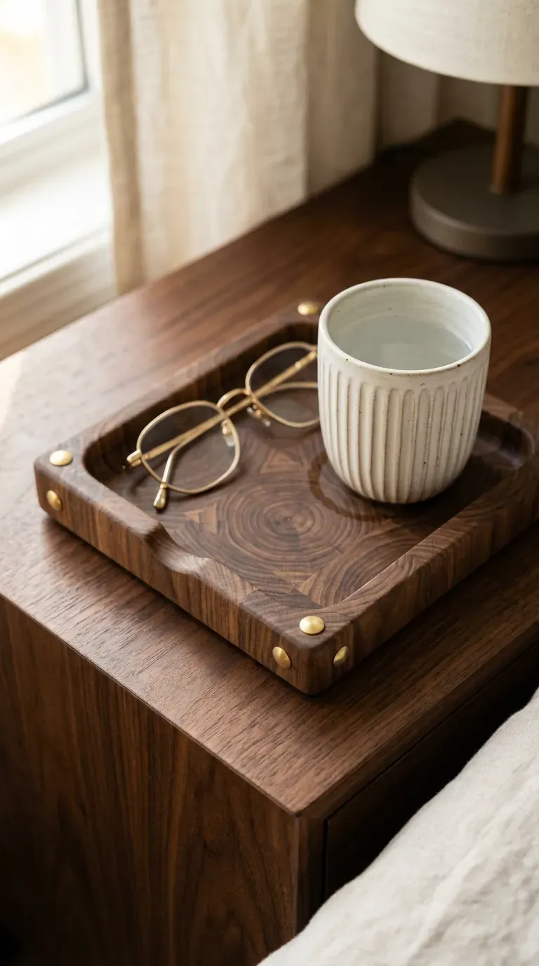 13 Genius Brown Bedroom Ideas You Will Want to Copy ASAP 14 dark walnut wooden valet tray with brass accents styled on a bedside table