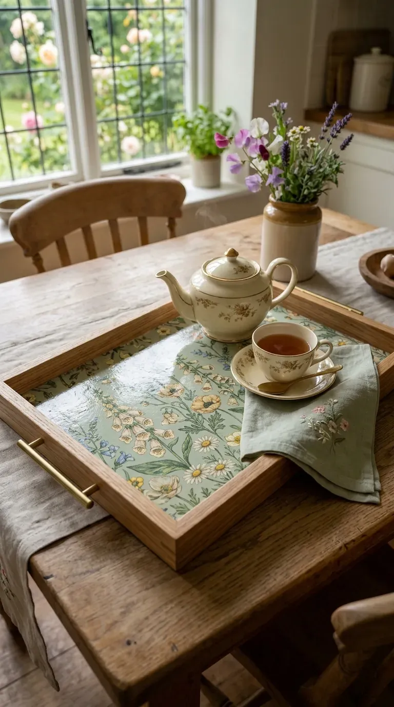 wooden serving tray with decoupaged vintage floral pattern and brushed brass handles