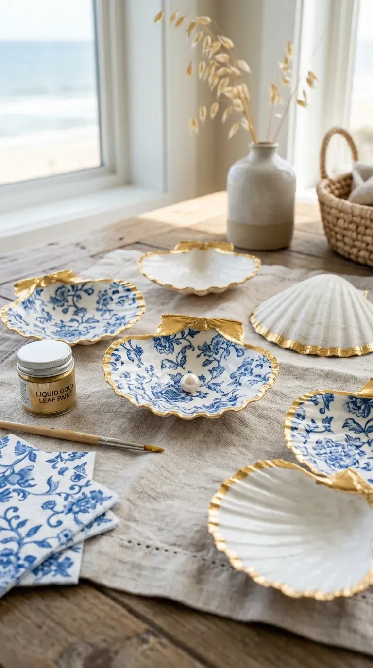 12 Aesthetic Craft Night Ideas for a Dreamy Evening 12 Large scallop shells decoupaged with blue patterns and gold edges