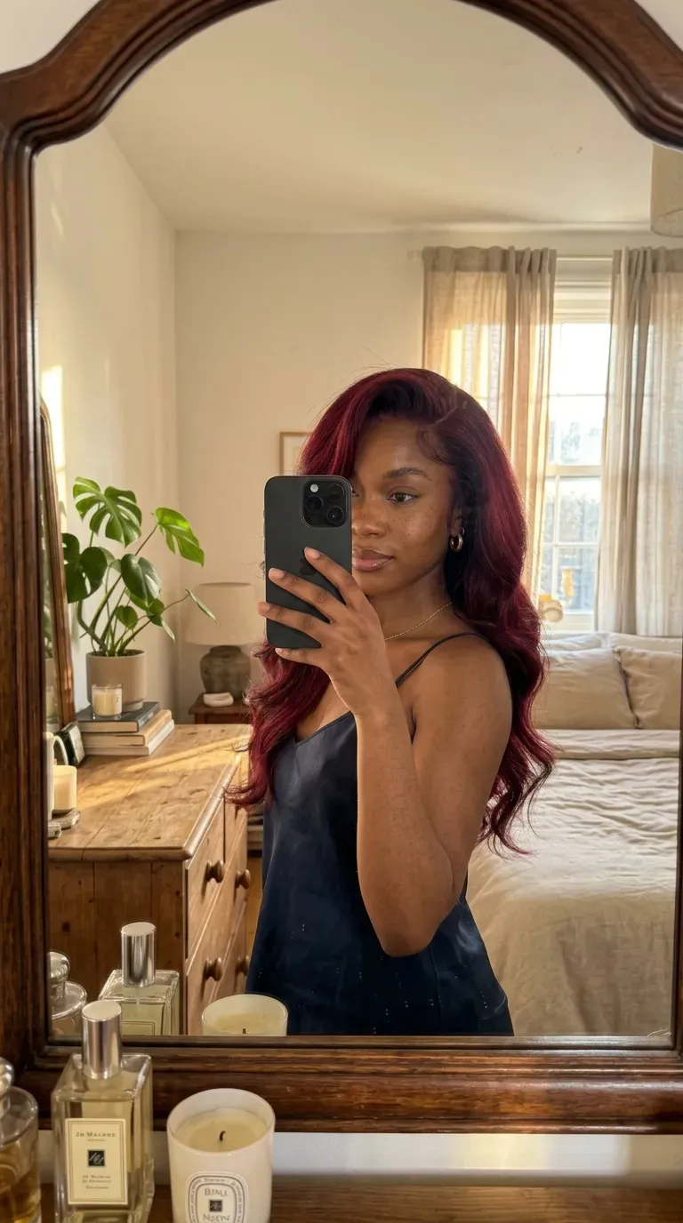 Woman taking an iPhone mirror selfie showing a deep red side-parted weave with glamorous volume.