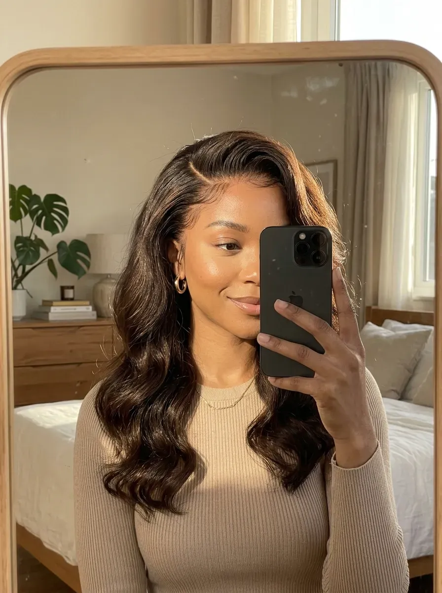 Woman taking an iPhone mirror selfie showing a deep side-part lace frontal with voluminous soft waves.