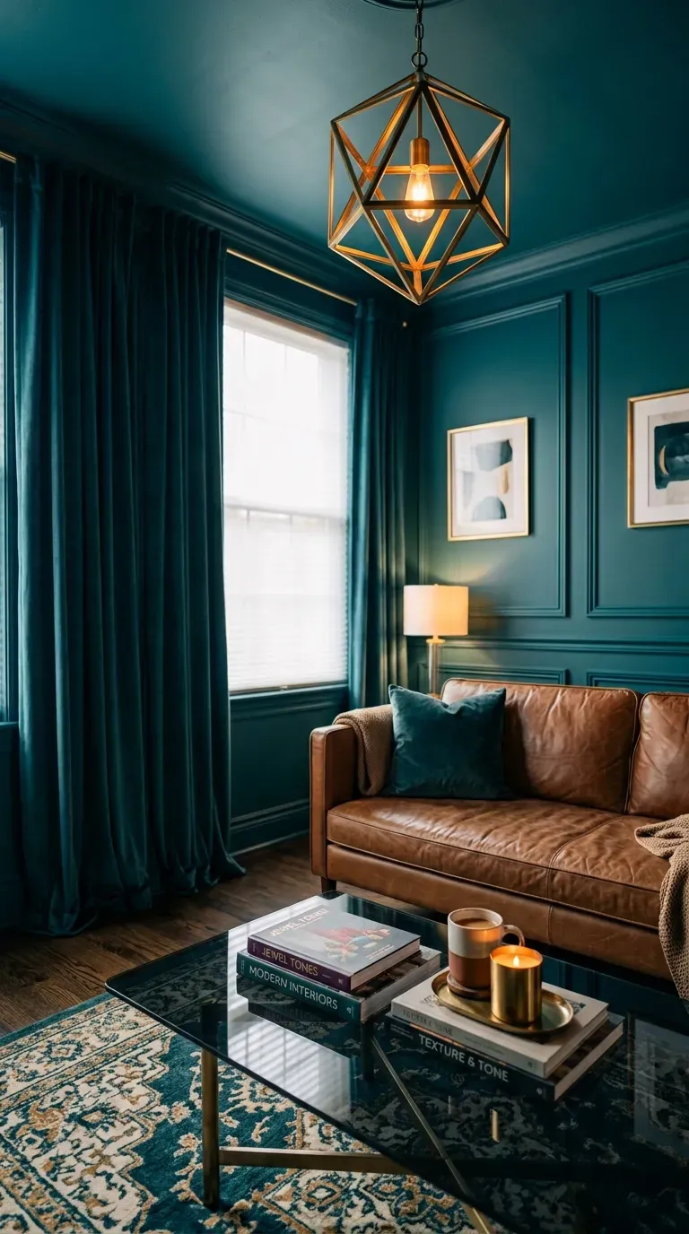 11 Cozy Color Drenched Interior Ideas for Small Spaces 7 small living room drenched in deep teal with matching velvet drapes and picture moldings